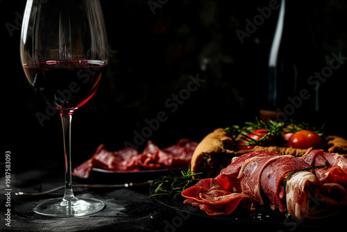 Dark still life of a red wine glass with gourmet pairing on a black table, low-key lighting and deep shadows creating an elegant cinematic atmosphere in ultra-realistic detail.