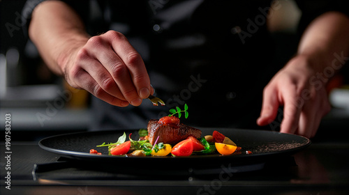 Dark luxury food scene of a chef plating a gourmet dish, hands in frame, with dramatic lighting and black background, capturing a cinematic high-end restaurant atmosphere.