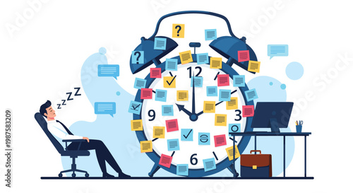 Overworked employee sleeps in an office chair next to a giant alarm clock covered in sticky notes representing poor time management skills.