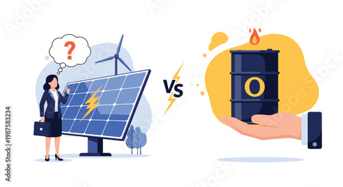 Businesswoman stands between solar panels and an oil barrel contemplating the choice between renewable energy and fossil fuel sources.