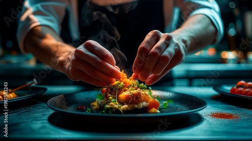 Dark luxury food scene of a chef plating a gourmet dish, hands in frame, with dramatic lighting and black background, capturing a cinematic high-end restaurant atmosphere.