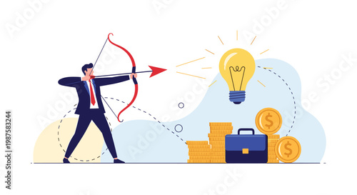 Businessman aims a bow and arrow at a glowing lightbulb idea above stacks of coins representing targeted investment and innovation goals.