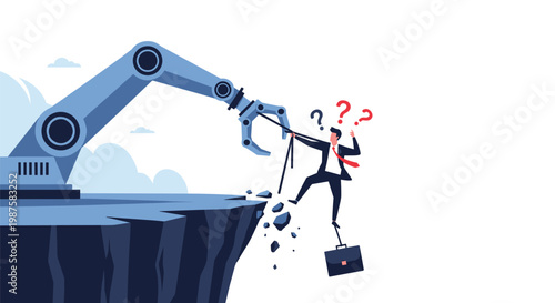 Industrial robotic arm uses a rope to pull a worried businessman toward a cliff edge illustrating the risks of job automation and AI.