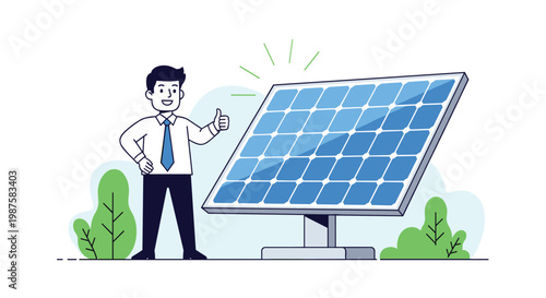 Confident businessman giving a thumbs up gesture next to a large solar panel array for renewable energy solutions.