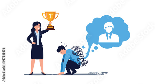 Successful woman holding a trophy while a defeated man crouches with a thought bubble of a different person.