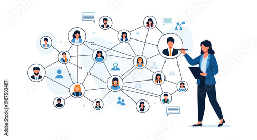 Professional woman using a digital stylus to map out a complex network of social and professional connections.
