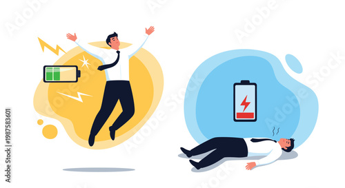Visual comparison between an energetic businessman with a full battery and a tired one lying down with a low battery.