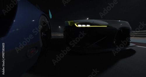 GT3 Gran turismo race cars drive side by side at night on a track, close view with headlights, motion blur shows speed, city lights create intense motorsport action
