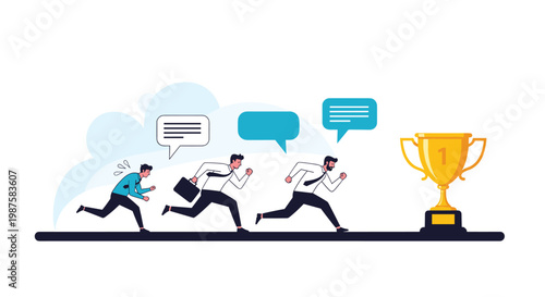 Group of determined businessmen racing towards a large golden trophy representing intense corporate competition.