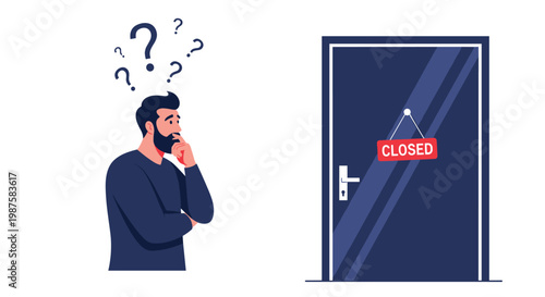 Puzzled man with question marks over his head standing in front of a blue office door with a red closed sign.