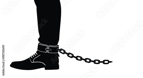 Black silhouette of a leg in a dress shoe with a heavy metal chain and shackle attached to the ankle for confinement.