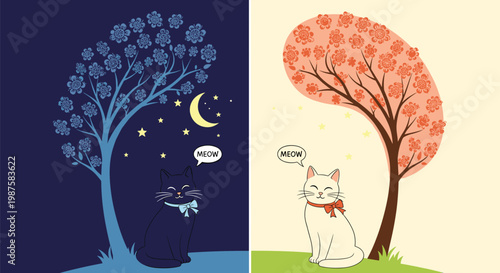Split artwork showing a black cat under a blooming tree at night and a white cat under a tree during a bright day.