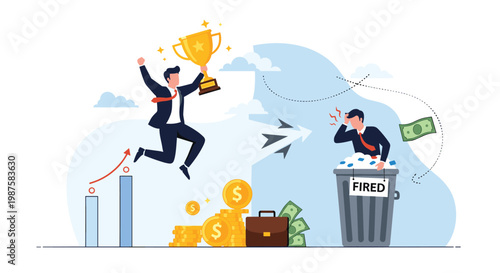 Comparison of a successful man holding a trophy and a fired man in a trash bin with bills and coins flying around.