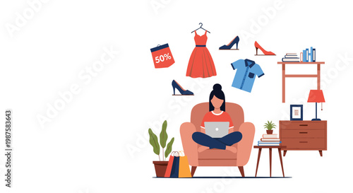 Woman sitting in a chair using her laptop with floating icons of fashion items and furniture for online shopping.
