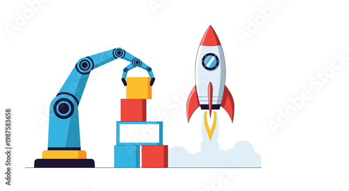 Blue industrial robotic arm stacking colored blocks next to a space rocket ship launching into the sky with fire.