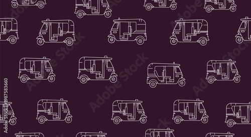 Repeating seamless pattern of white line art auto rickshaws on a dark maroon or purple background for textile design.