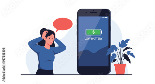 Anxious young woman holding her head in stress while looking at her smartphone displaying a critical low battery warning message.