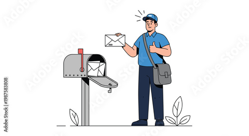 Friendly postman in a blue uniform and cap putting letters into a grey mailbox while giving a positive thumbs up sign in the garden.