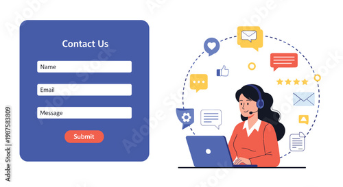 Professional customer service representative with headset working on a laptop next to a website contact us form for online support.