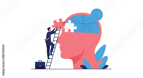 Professional counselor standing on a ladder and placing a puzzle piece into a large human head to represent mental health and therapy.