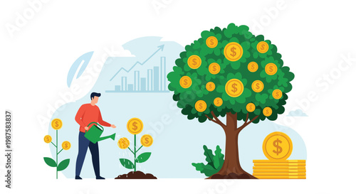 Young entrepreneur watering small money plants and a large tree full of golden dollar coins to represent financial growth and investment.