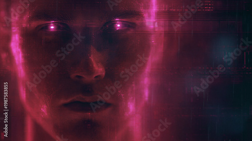Cybernetic Gaze: A close-up shot of a human face, highlighted by glowing, digital eyes and the eerie red light, evoking a sense of artificial intelligence.