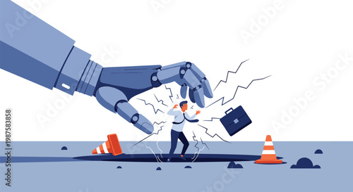 Large robotic hand pushing a businessman into a deep dark hole to represent the threat of automation and AI replacing human jobs.