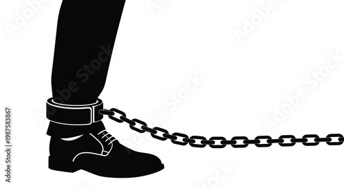 Silhouette of a businessman foot shackled by a heavy metal chain to represent debt and lack of freedom in professional life.