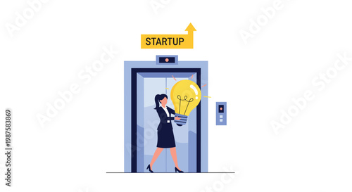 Creative woman carrying a giant glowing lightbulb while stepping out of a startup elevator to represent fresh ideas and innovation.