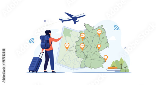 Female traveler with a backpack and suitcase standing in front of a large map of Germany with GPS locations and an airplane.