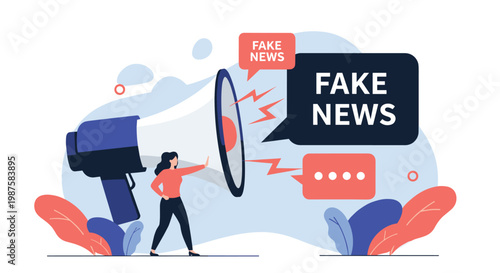 Concerned woman using a large megaphone to warn about fake news messages appearing in speech bubbles for media literacy awareness.