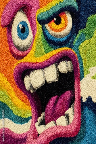 Vivid illustration of an expressive, colorful monster face with wide open mouth and a shocked expression. A display of creative art with the use of a variety of colors