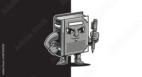 A cartoon book with a muscular arm and a pen.