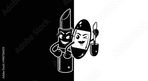 Cartoon cosmetics mascara and lipstick characters.