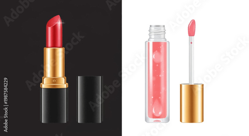 Lipstick and lip gloss cosmetics products.