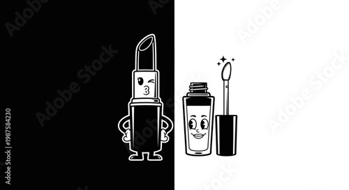 Cartoon mascara and brush characters smiling.