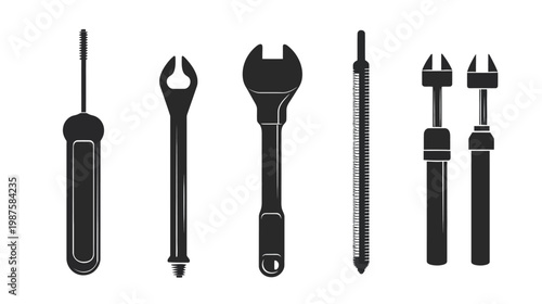 Silhouetted tools on a plain white background, including a screwdriver, wrench, saw, and other implements