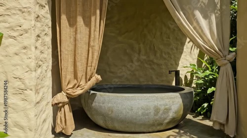 Open-air bathing courtyard featuring mineral tub, soft curtains, leafy privacy, and restorative resort planning shaped by natural ventilation, daylight bathing, and biophilic wellness principles