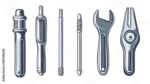 A set of stylized tools various wrenches and other implements against a white backdrop