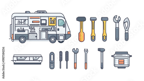 Stylized illustration of a food truck with various tools and equipment