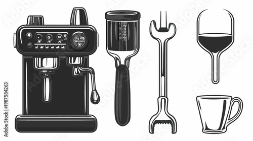 Black and white illustration of coffee making equipment machine, portafilter, wrench, glass, and cup