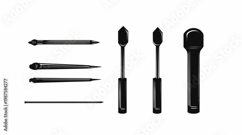 A collection of stylized black and white drawing of various tools and utensils on a white background