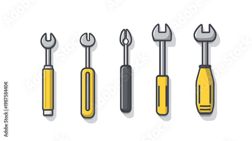 Cartoon illustration of various mechanical tools with a yellow handle. Tools include a wrench