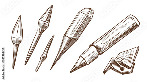 A set of six illustration renderings of different pointed, spear, or tool-like shapes in a brown-inked style