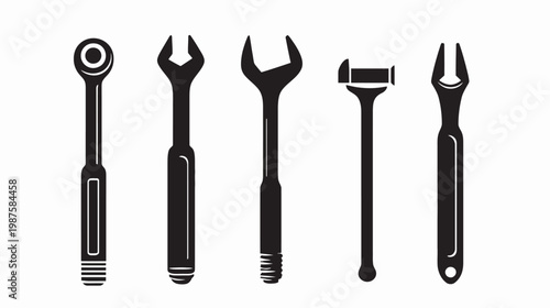 A monochrome illustration showcasing an assortment of five hand tools, silhouetted against a white background