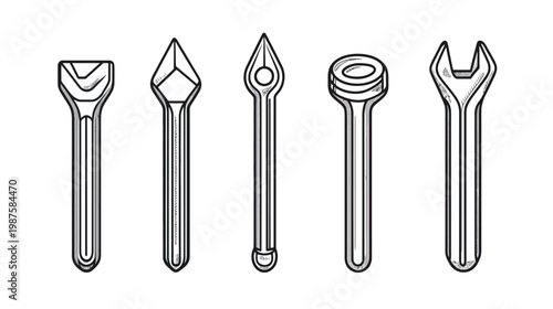 Illustration of five different tools in black and white, featuring various shapes and designs