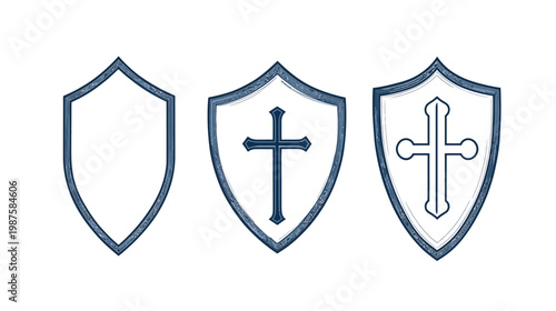 Three shield designs with a textured look empty, standard cross, and decorative cross variants