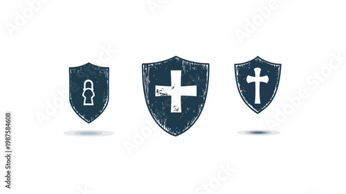 Three grunge shields, featuring a keyhole, a cross and a plus symbol. Blue ink on white
