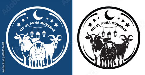 eid ul adha mubarak greeting vector with sacrificial animals cow sheep and goat, eid islamic festival design