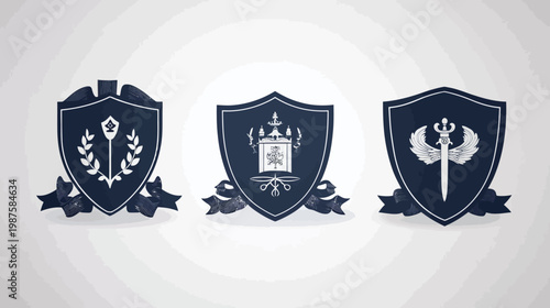 Three heraldic shields with intricate designs, banners, and a subtle grunge texture